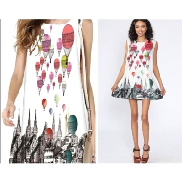 Balloon Print Sleeveless A-Line Dress L Polyester & Spandex - Picture 2 of 5